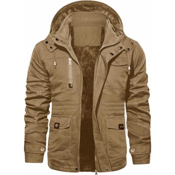 Men's Winter Coat Fleece Lined Military Jacekt Cargo Jacket Coat with Hood